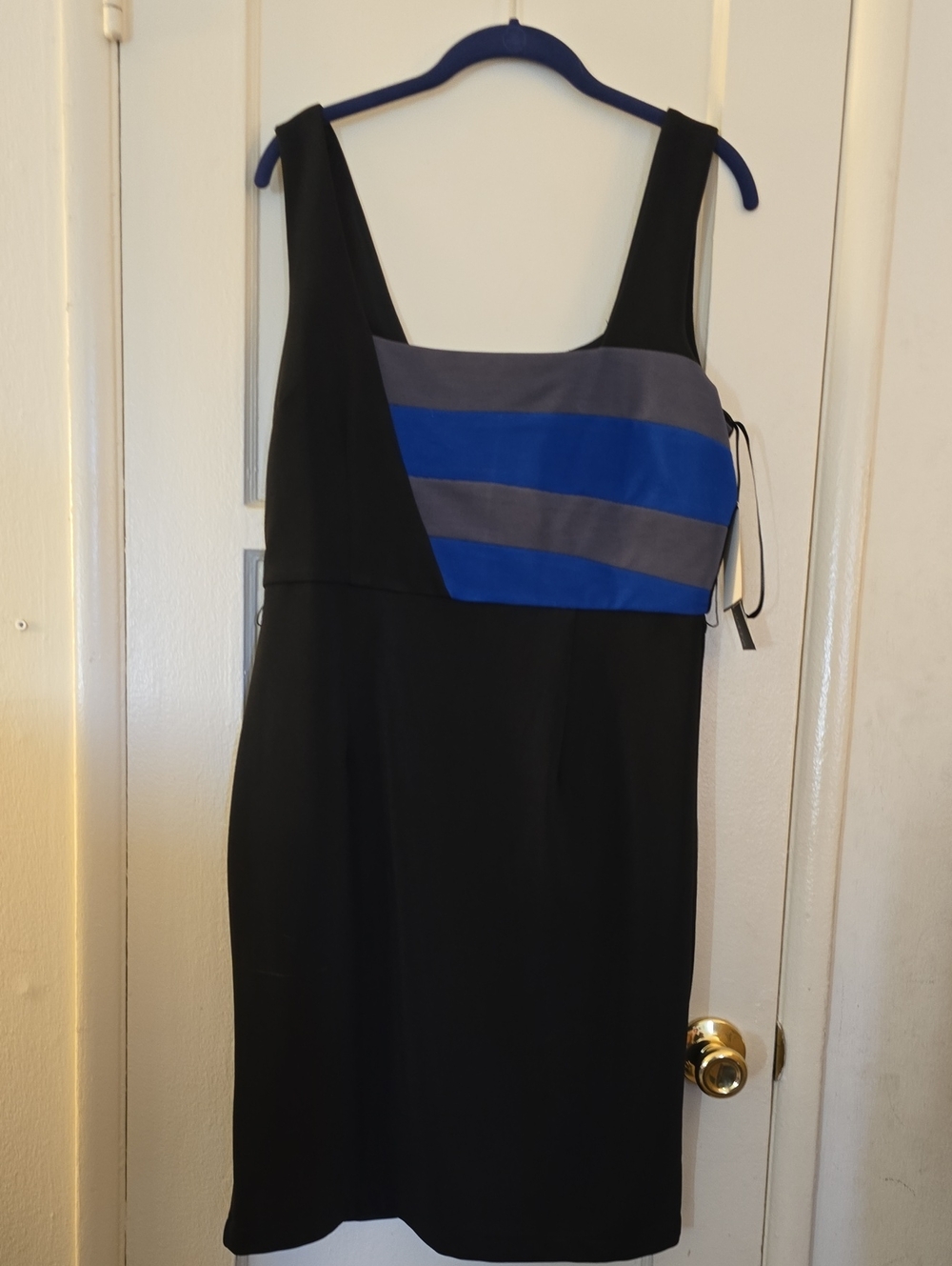 Roulette Black Midi Dress with Blue and Gray Striped Bodice